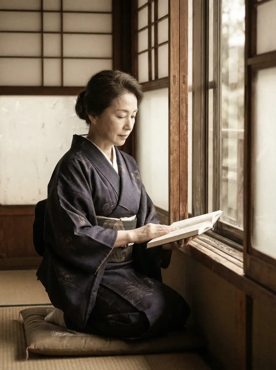 一位优雅的五十岁 暖暖 免费 高清 日本在线观看 身穿深蓝色和服，在窗边静读